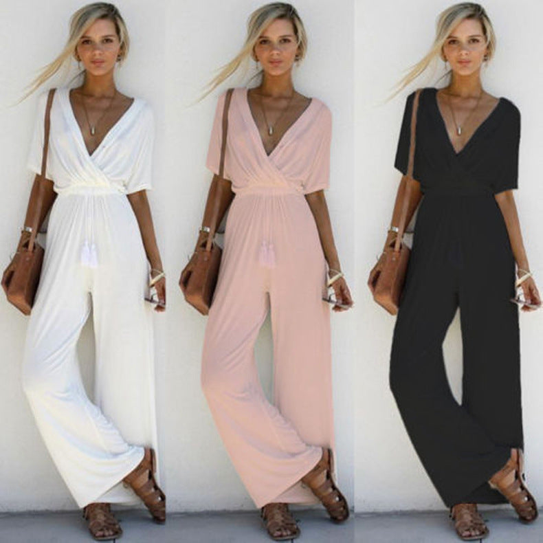 Ladies Casual Slim Wide Leg Tie Waist Jumpsuit