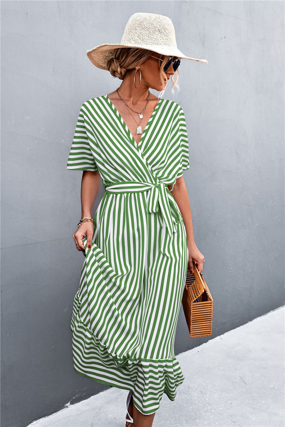 Hot Selling Product Cross V-neck Lace-up Striped Dress