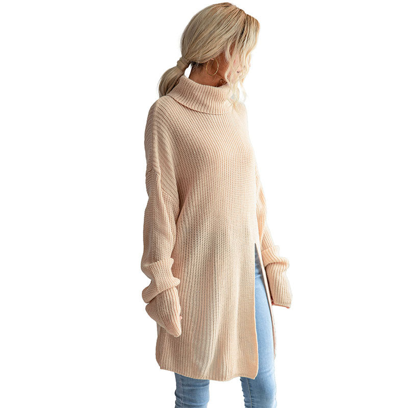 Women's Wear Pure Color Split Long Sleeve High Collar Sweater Dress