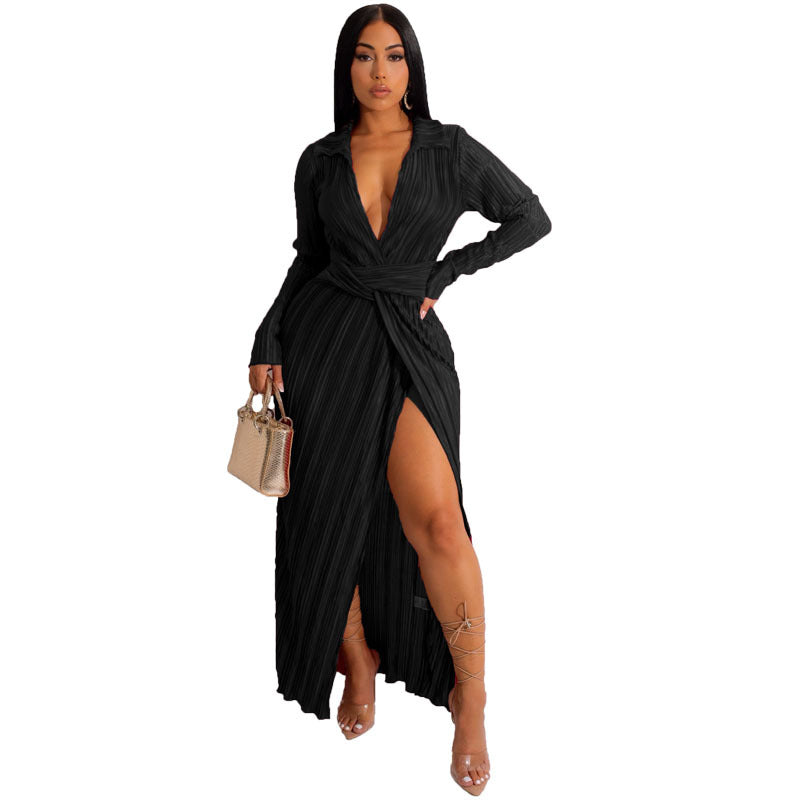 Slit Dress Autumn And Winter New V-neck Long Sleeve Pleated Dress