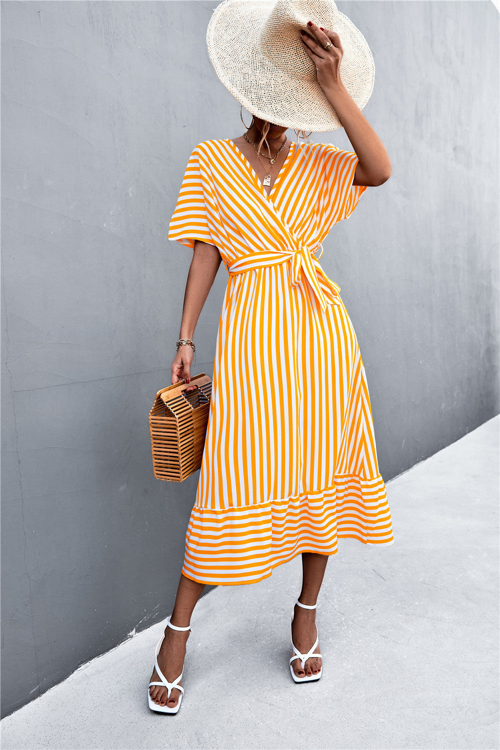 Hot Selling Product Cross V-neck Lace-up Striped Dress