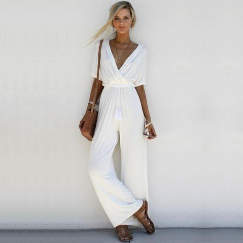 Ladies Casual Slim Wide Leg Tie Waist Jumpsuit