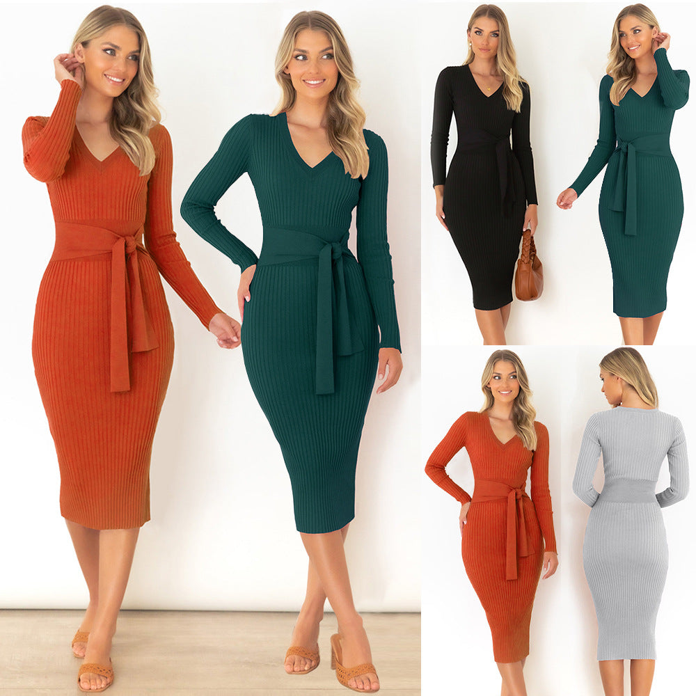 Women's New Style Long Sleeve V-Neck Slim Dress