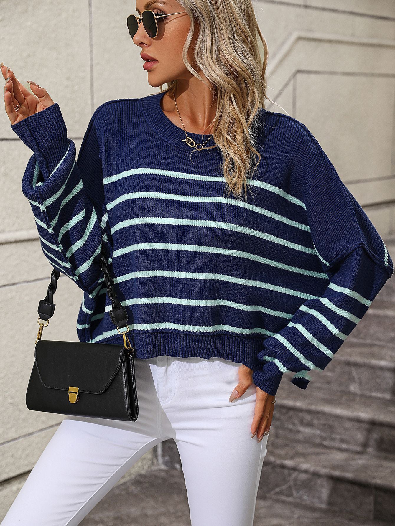 Round Neck Women's Sweater Loose Pullover Stripe Sweater