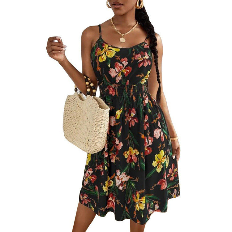 Women's Sleeveless Skirt Round Neck Pullover Print Suspender Dress