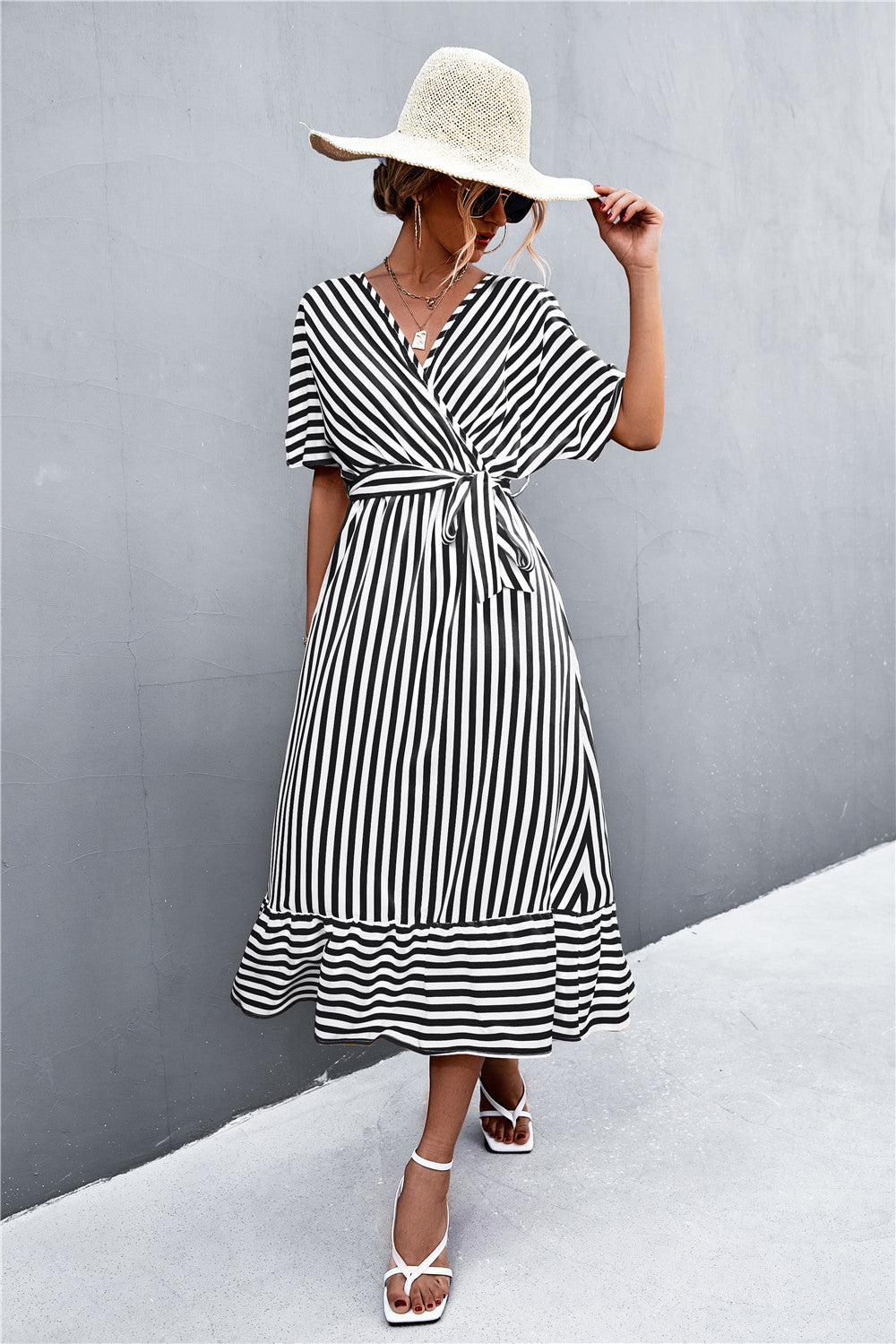 Hot Selling Product Cross V-neck Lace-up Striped Dress