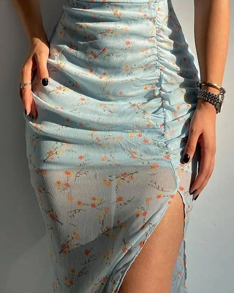 European And American Style Suspender Print Slit Dress