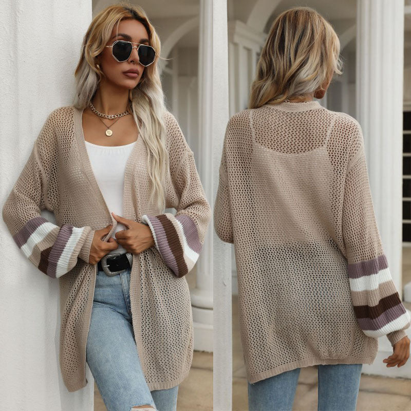 European And American Knitted Mid-length Color Matching Loose Openwork Sweater Jacket Women