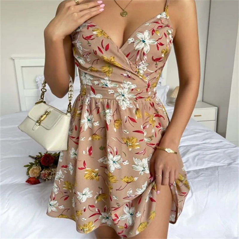 Suspender Skirt V-neck Pullover Sleeveless Print Dress