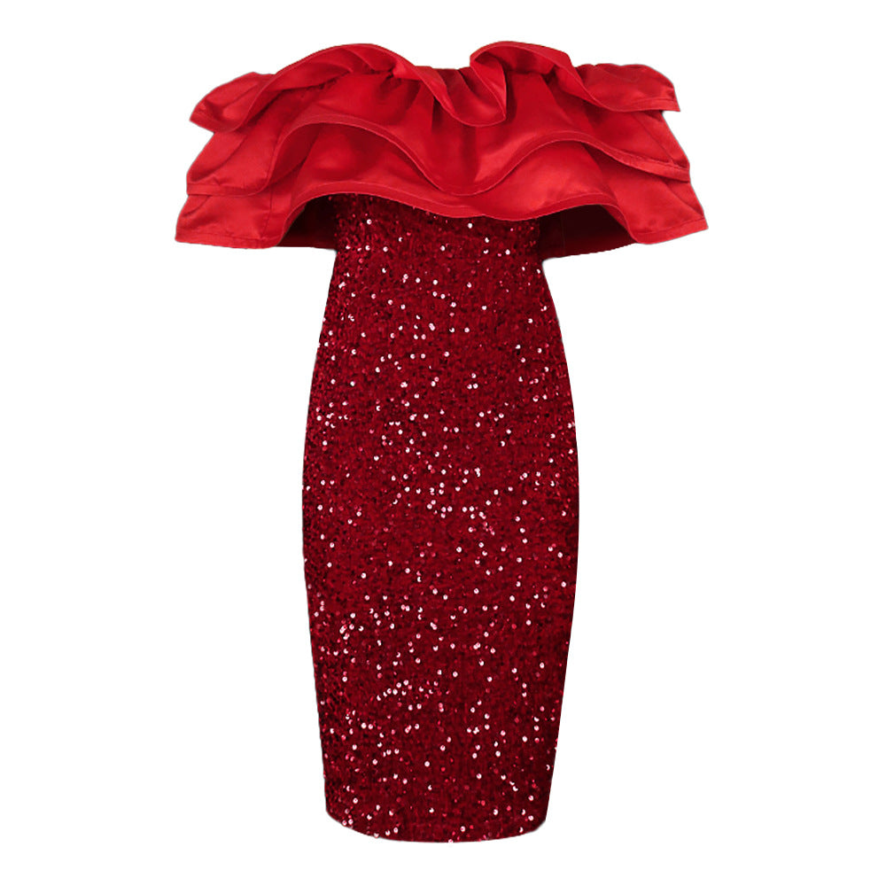 Women's Sequin Red Velvet Strapless Sequin Dress