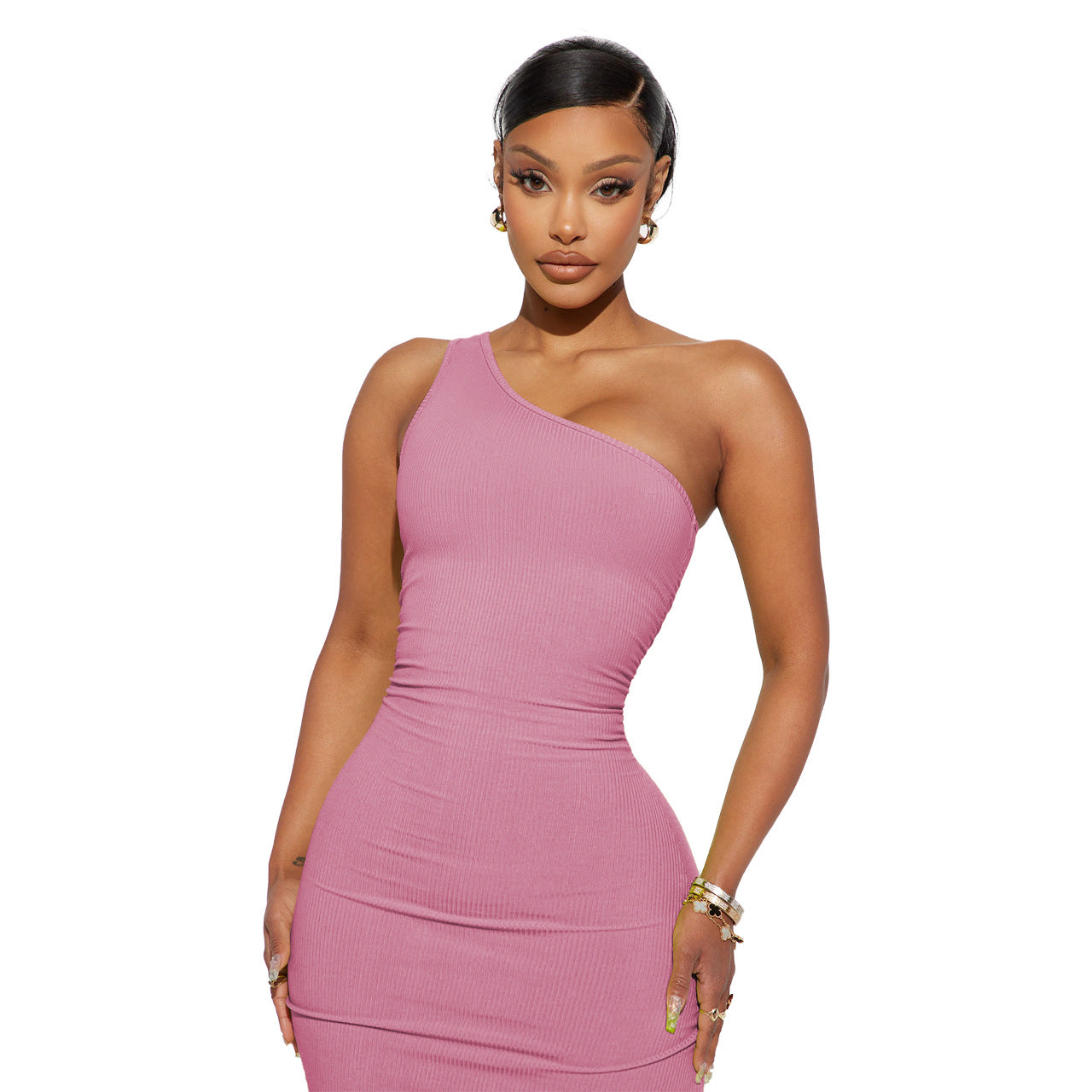 European And American Sexy Fashion Thread Oblique Shoulder Dress