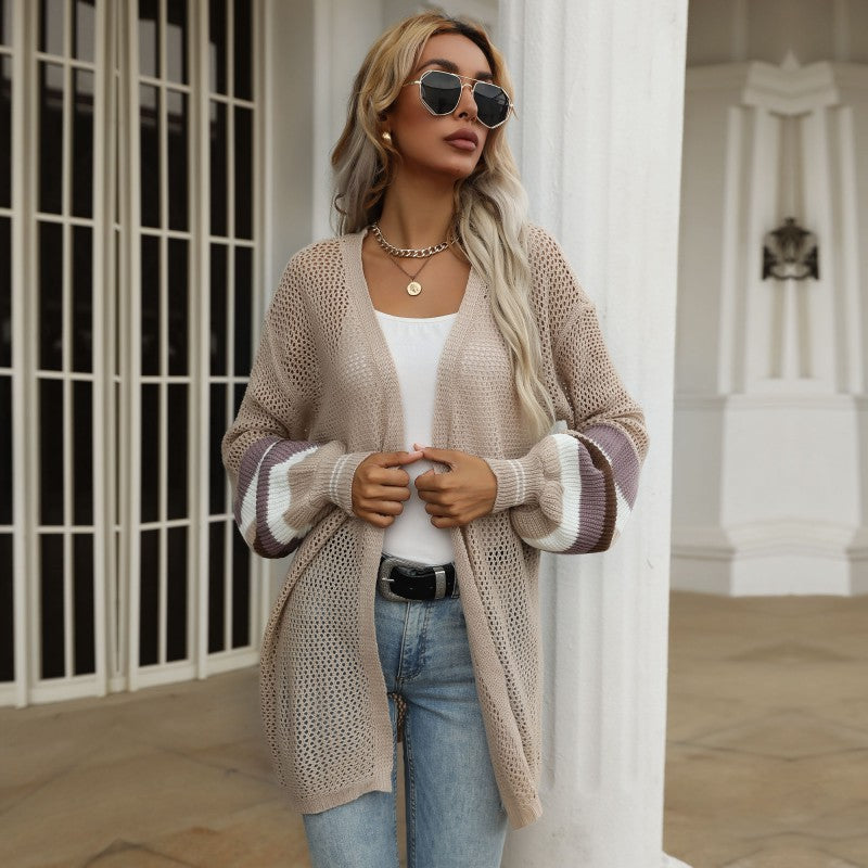 European And American Knitted Mid-length Color Matching Loose Openwork Sweater Jacket Women