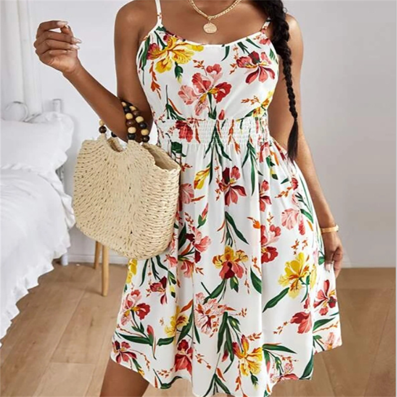 Women's Sleeveless Skirt Round Neck Pullover Print Suspender Dress