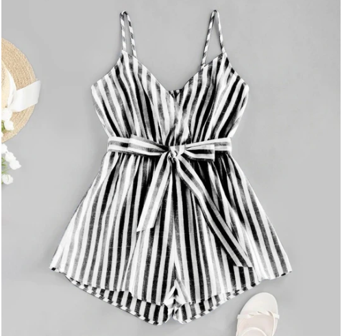 Striped Print Jumpsuit Ladies Suspenders V-neck Jumpsuit One-piece Skirt Pants