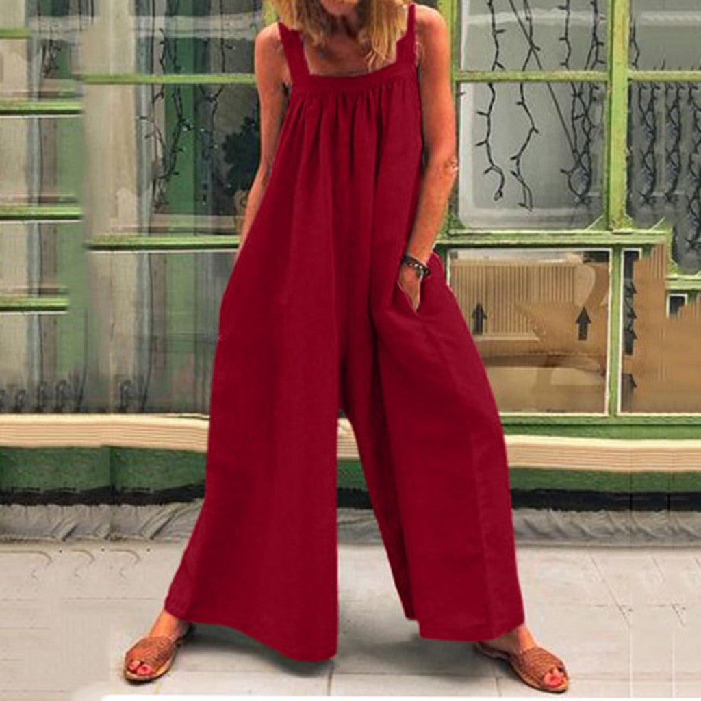 Ladies Cotton Linen Solid Color Bib Jumpsuit