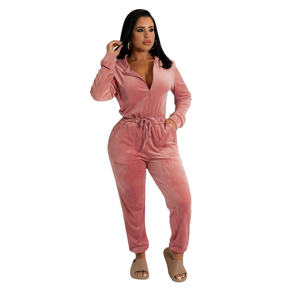 Casual Velvet Long-Sleeved Loose Ladies Jumpsuit