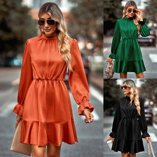 European And American Solid Color Casual Turtleneck Halter Dress