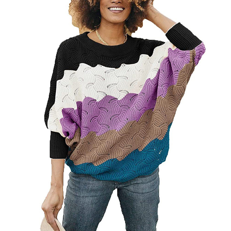 Contrasting Color Hollow Knit  European And American  Bat Sleeve Sweater Women