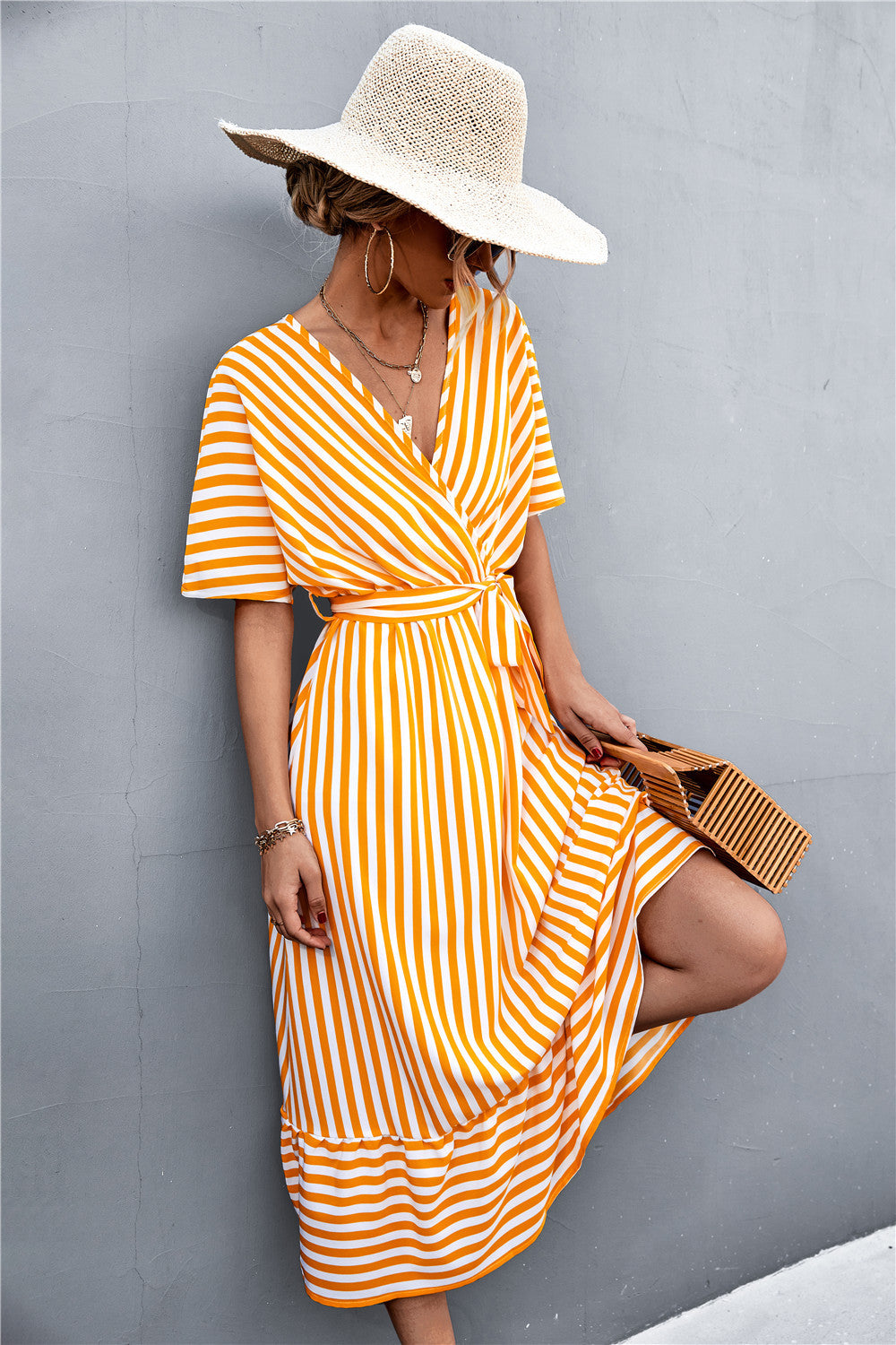 Hot Selling Product Cross V-neck Lace-up Striped Dress