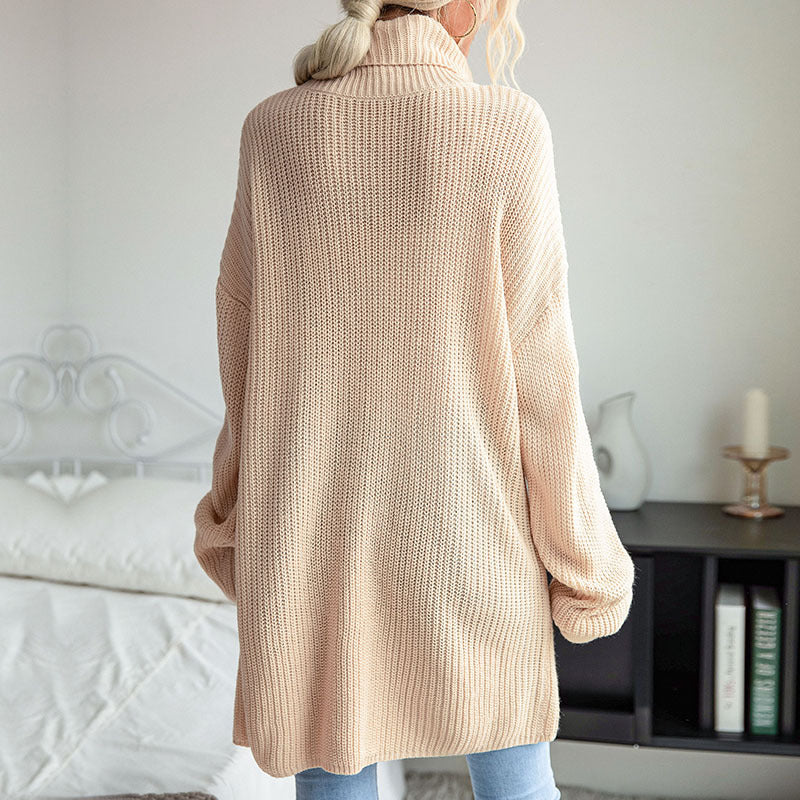 Women's Wear Pure Color Split Long Sleeve High Collar Sweater Dress