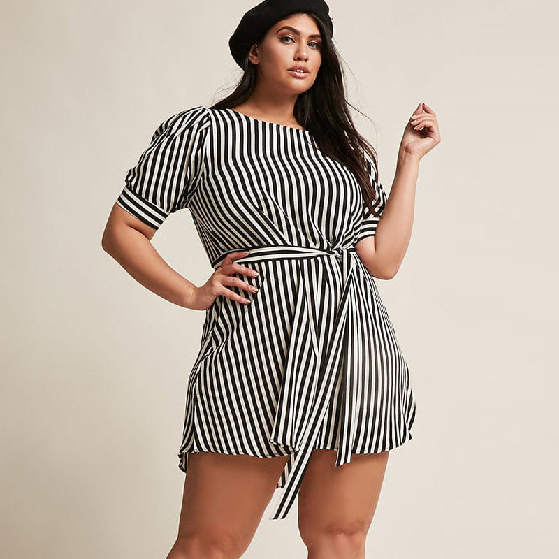 Round Neck Striped Simple Short-Sleeved Women Belt Skirt