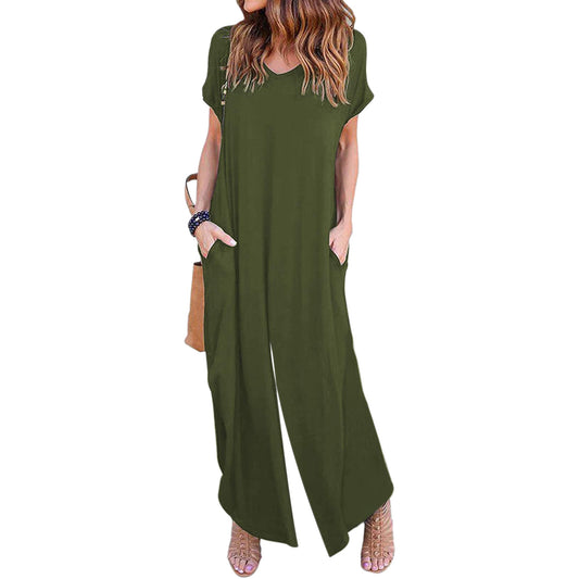 Ladies Casual Short-sleeved Wide-leg Jumpsuit