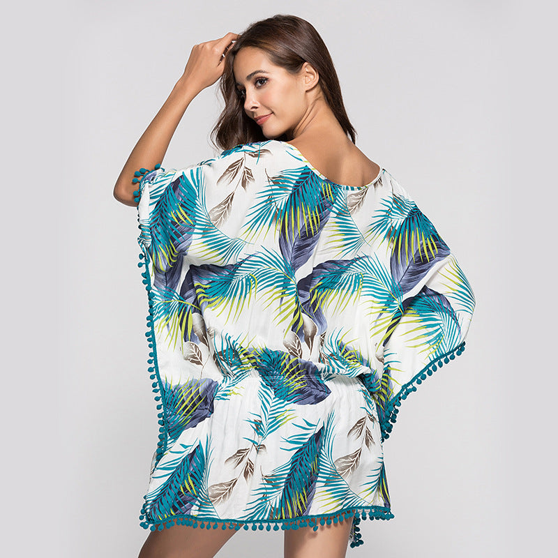 Bat Sleeve Fringed Short Print Dress