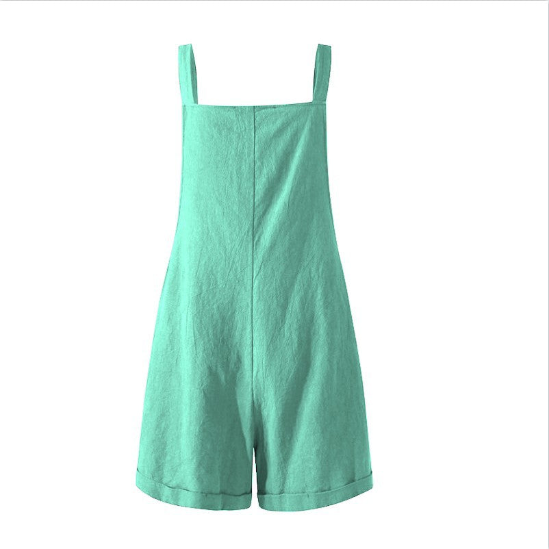 Ladies Pocket Button Casual Suspender Shorts Jumpsuit