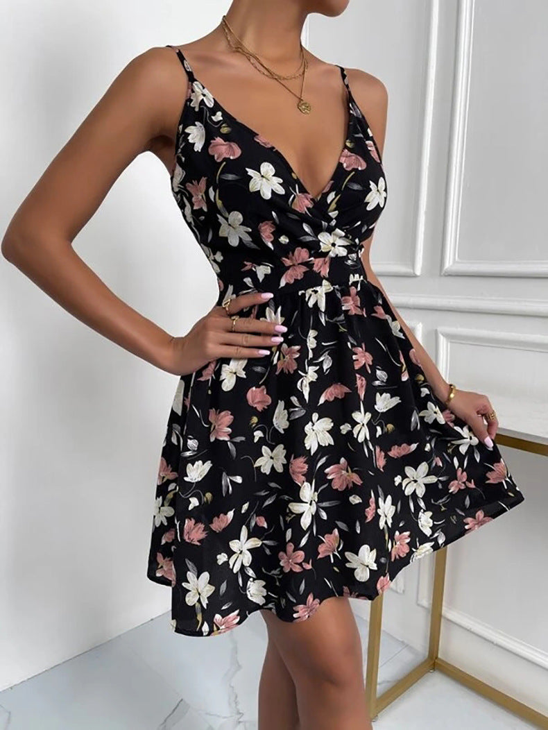 Suspender Skirt V-neck Pullover Sleeveless Print Dress