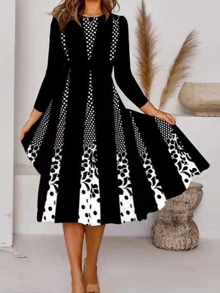 Women's Clothing New Positioning Printed Round Neck Long Sleeve Dress