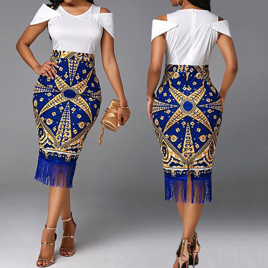 European And American Retro Print Stitching Fringed Dress