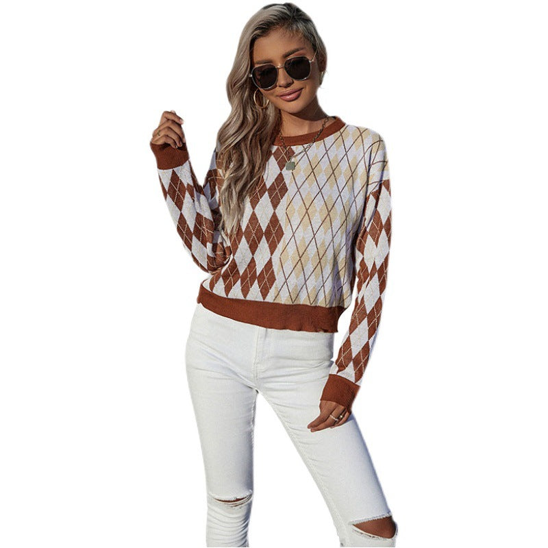 Women's Lapel Knit Sweater American Retro Diamond Short Short Sweater