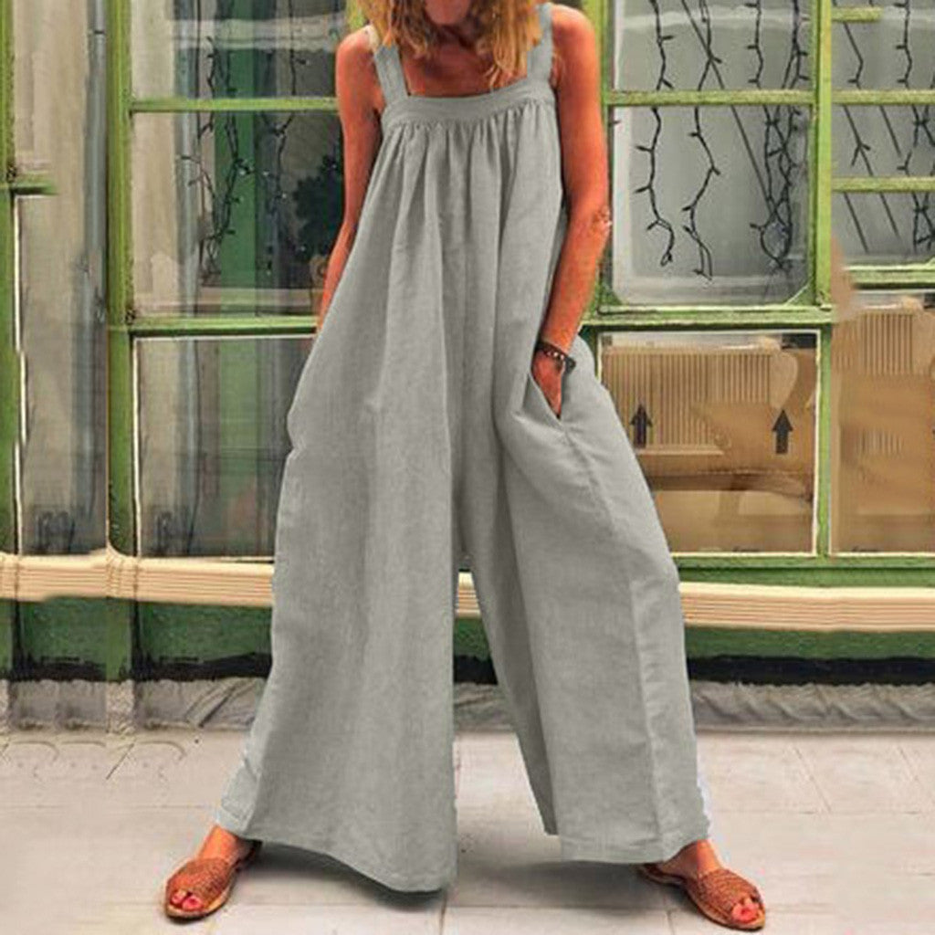 Ladies Cotton Linen Solid Color Bib Jumpsuit