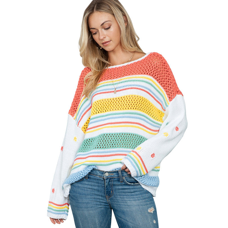 Sweater Women's Mixed Color Stripe Pullover Women