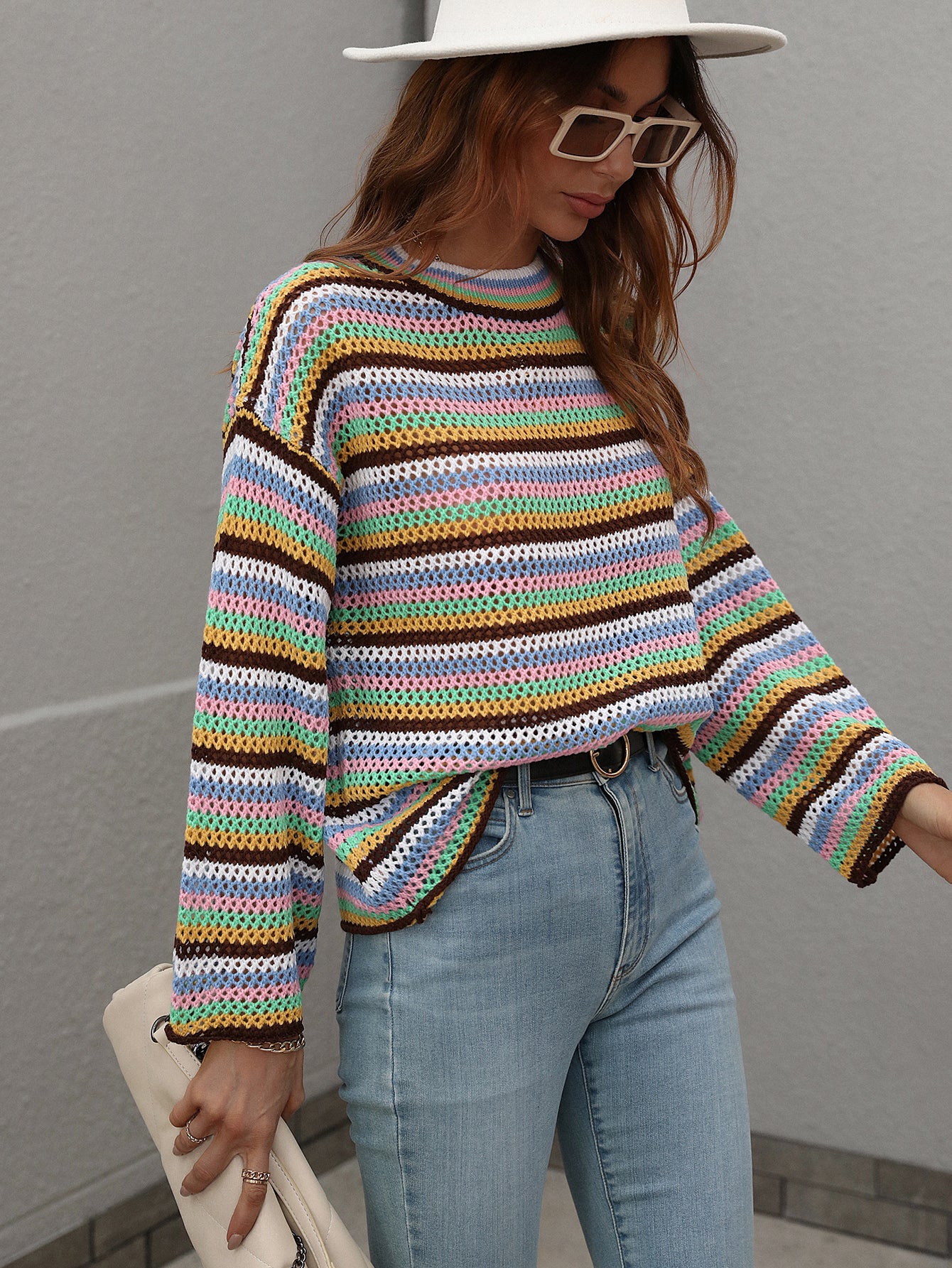 Women's Loose Cross-color Foreign Trade Round Neck Striped Sweater Women