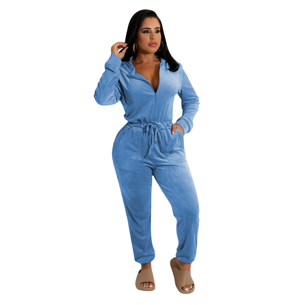 Casual Velvet Long-Sleeved Loose Ladies Jumpsuit