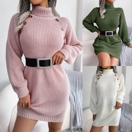 Winter Turtleneck Long Sweater Dress With Button Design Long Sleeve Base Sweater Women