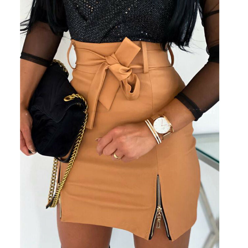 Women Bandage PU Leather Ladies Short Mini Skirts