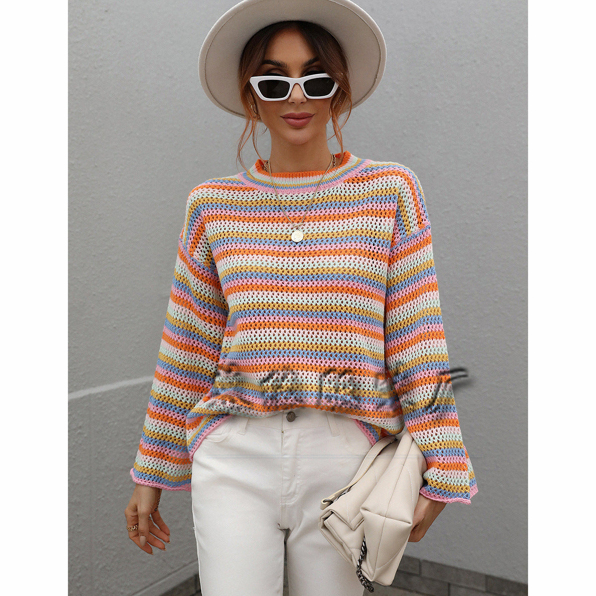 Women's Loose Cross-color Foreign Trade Round Neck Striped Sweater Women