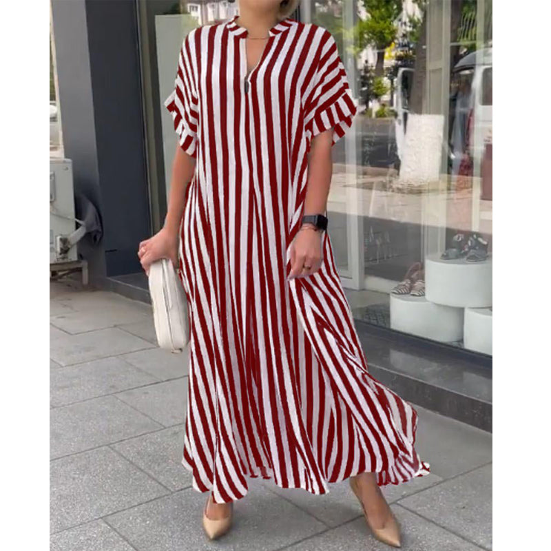 Women's Clothing Fashion Side Slit Striped Cardigan Short Sleeve Dress