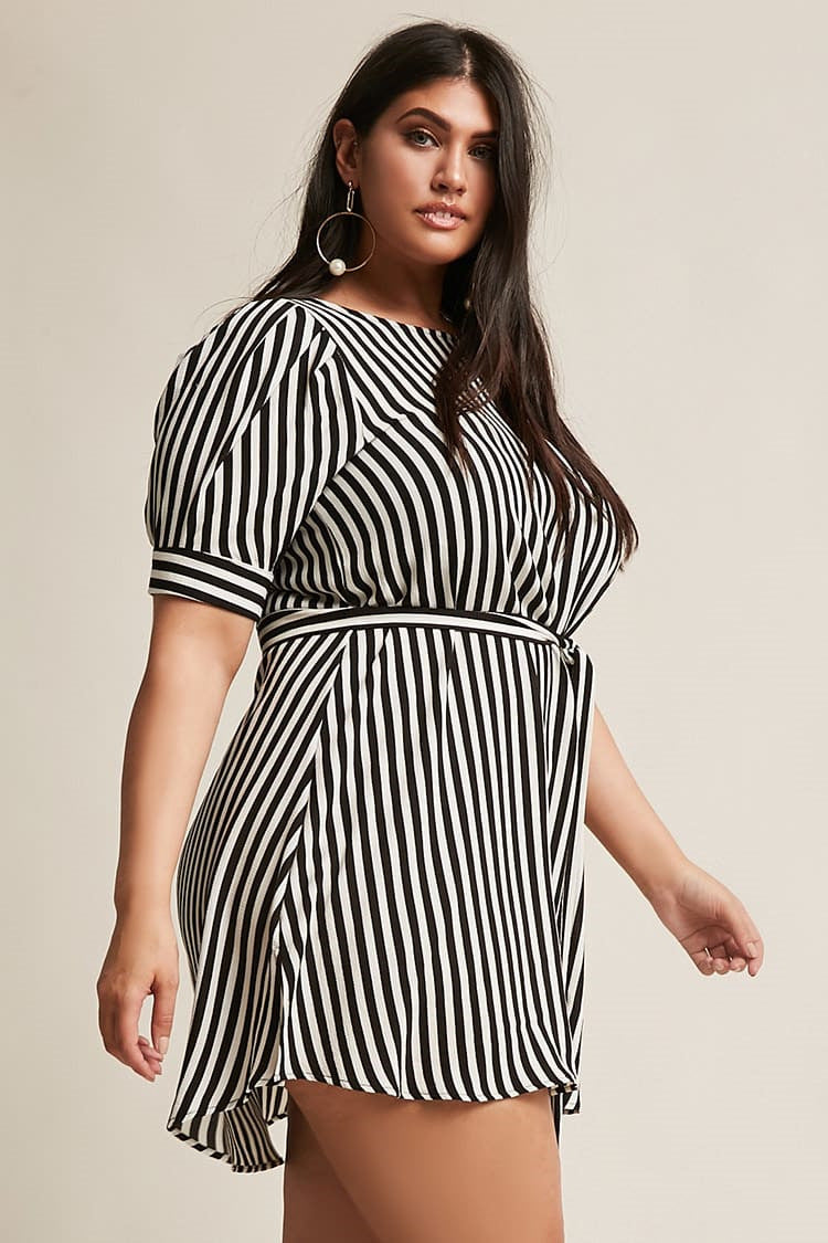 Round Neck Striped Simple Short-Sleeved Women Belt Skirt