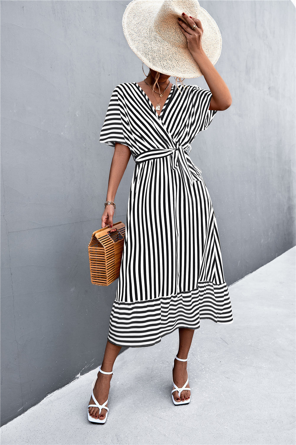 Hot Selling Product Cross V-neck Lace-up Striped Dress