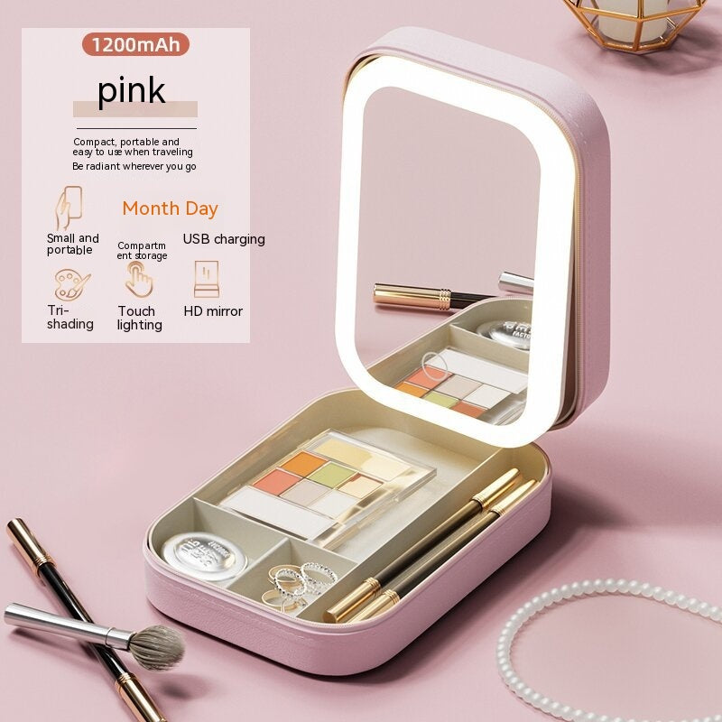 Makeup Storage Box With LED Light Mirror Portable Travel Makeup Cosmetics