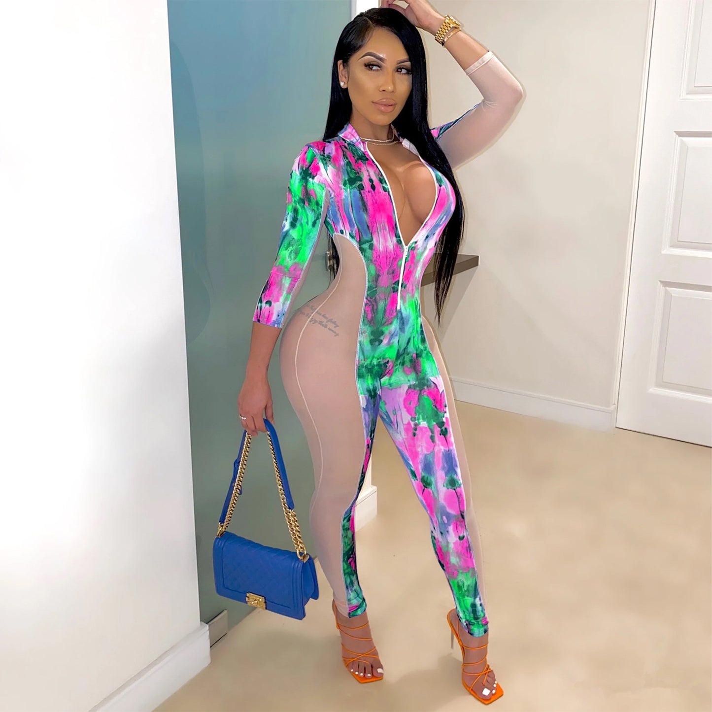 Fashion Print Sexy Hollow Ladies Nightclub Jumpsuit